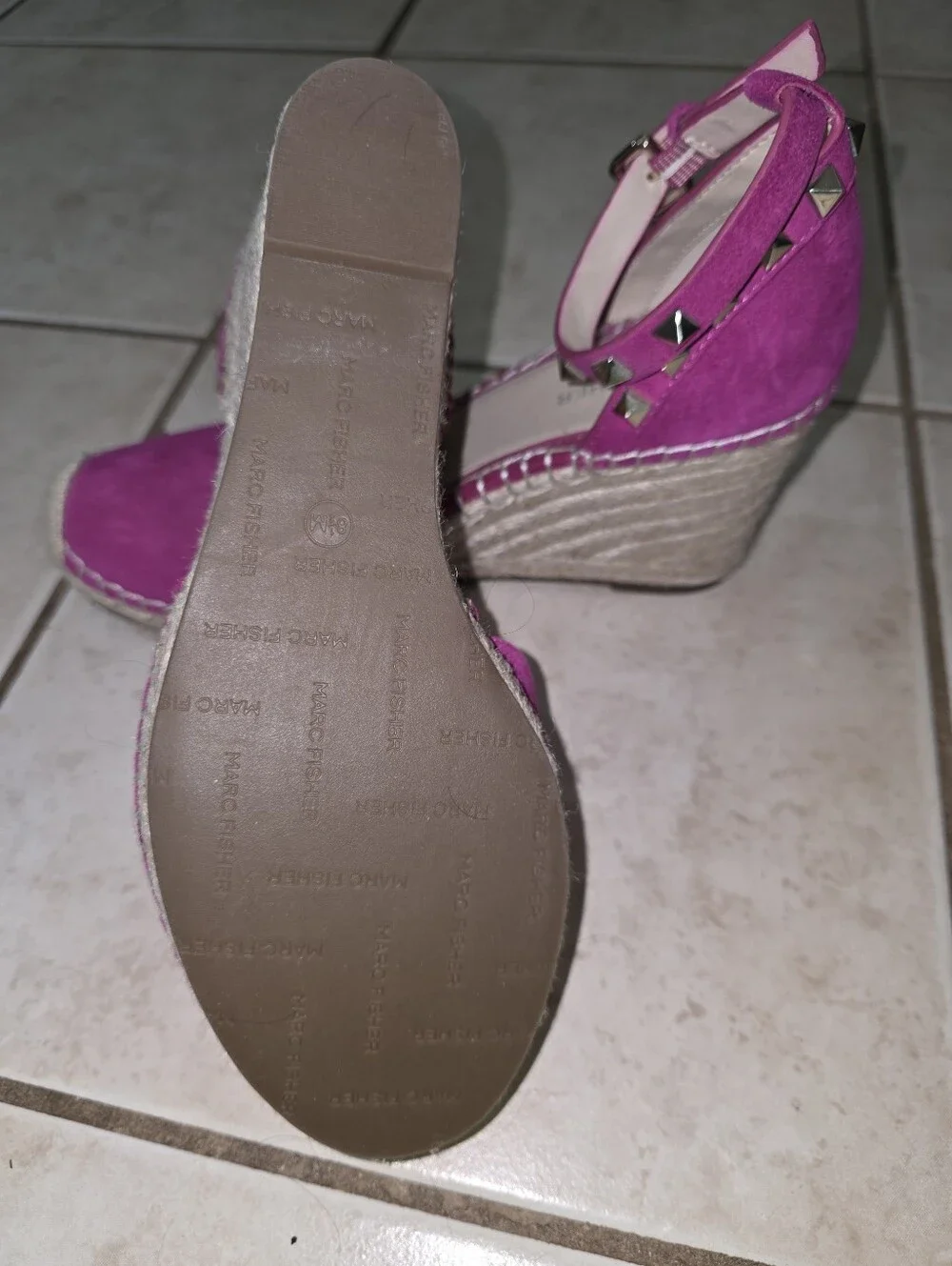 Marc Fisher Pink Suede Studded Espadrille Wedge Sandals